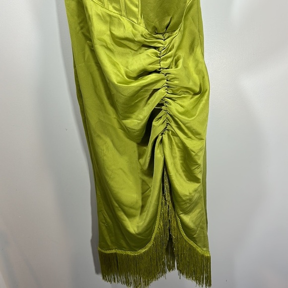PrettyLittle Thing Olive Satin Bardot Tassel Hem Draped Midi Dress Satin Formal - Picture 9 of 16